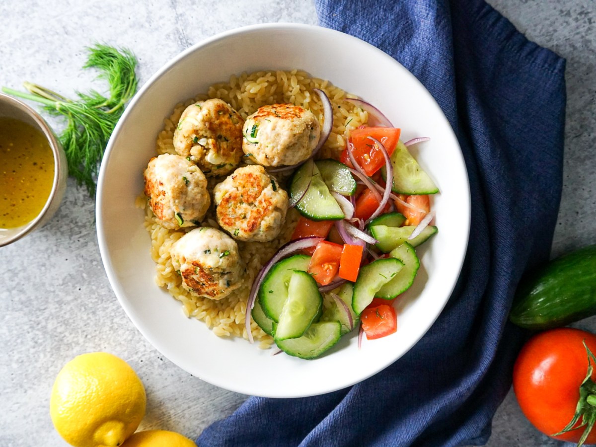 Chicken Meatballs with Lemon Butter Orzo and a Cucumber&nbsp;Salad